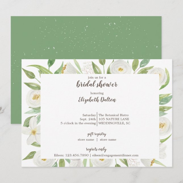 Elegant Watercolor White Floral Bridal Shower Invitation (Front/Back)