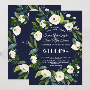 Elegant Watercolor White Floral Dark Blue Wedding Invitation