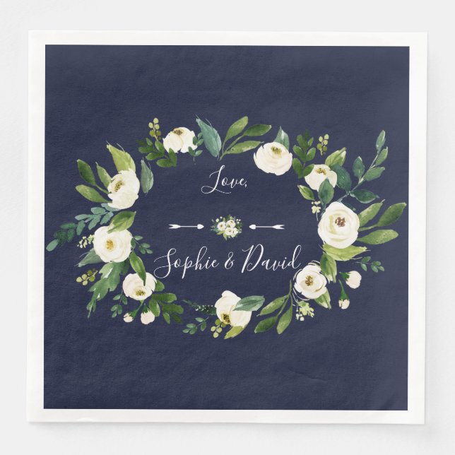 Elegant Watercolor White Floral Dark Blue Wedding Napkin (Front)