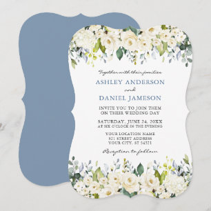 Elegant Watercolor White Floral Dusty Blue Wedding Invitation