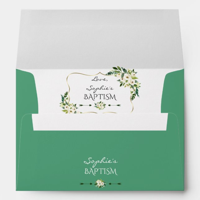 Elegant Watercolor White Floral Gold Baptism Envelope (Back (Bottom))