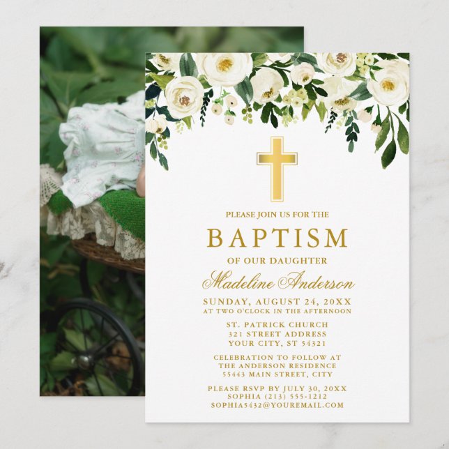 Elegant Watercolor White Floral Gold Baptism Photo Invitation (Front/Back)