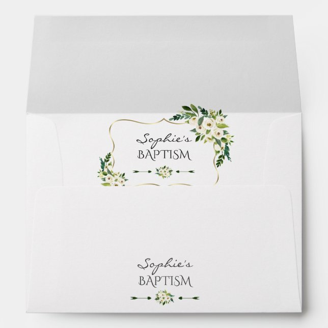 Elegant Watercolor White Floral Gold Frame Baptism Envelope (Back (Bottom))