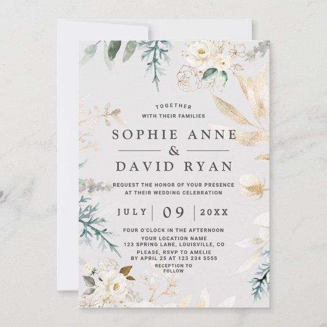 Elegant Watercolor White Floral Gold Wedding Invitation (Front)