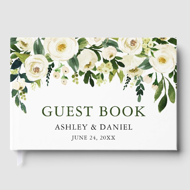 Elegant Watercolor White Floral Greenery Wedding Guest Book (Front)