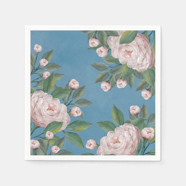 Elegant Watercolor White Floral Peonies Flowers Napkin (Front)