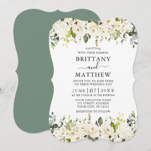 Elegant Watercolor White Floral Sage Green Wedding Invitation