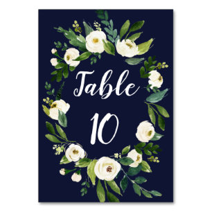 Elegant Watercolor White Floral Wreath Navy Blue Table Number