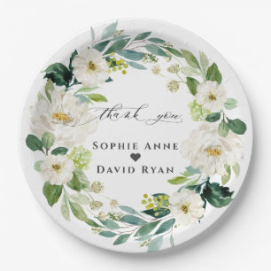 Elegant Watercolor White Flowers Wreath Wedding Paper Plate