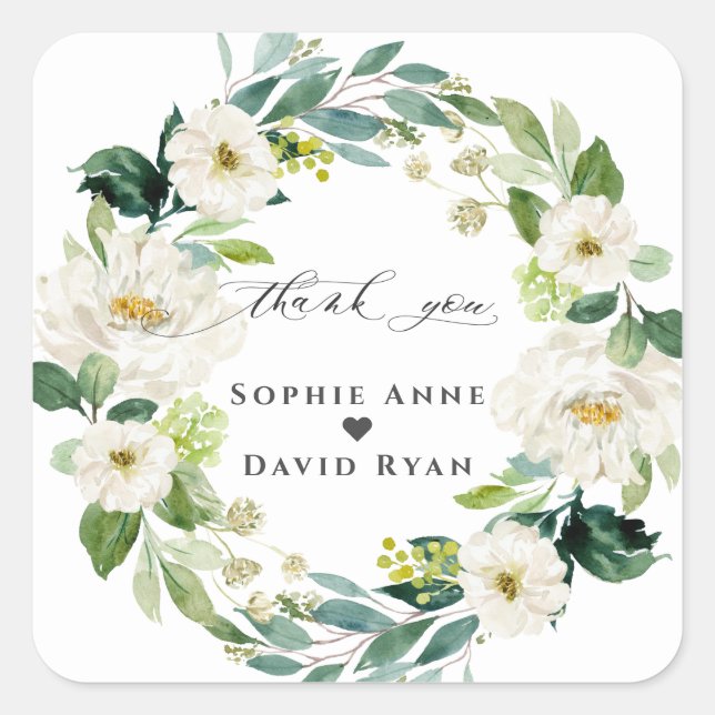 Elegant Watercolor White Flowers Wreath Wedding  Square Sticker (Front)