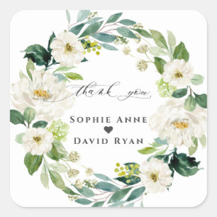 Elegant Watercolor White Flowers Wreath Wedding Square Sticker