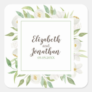 Elegant Watercolor White & Green Floral Wedding Square Sticker