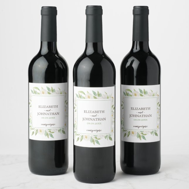 Elegant Watercolor White & Green Floral Wedding Wine Label (Bottles)