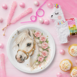 Elegant Watercolor White Horse Balloon with Rose‑B Paper Plate