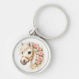 Elegant Watercolor White Horse with Rose‑B Key Ring