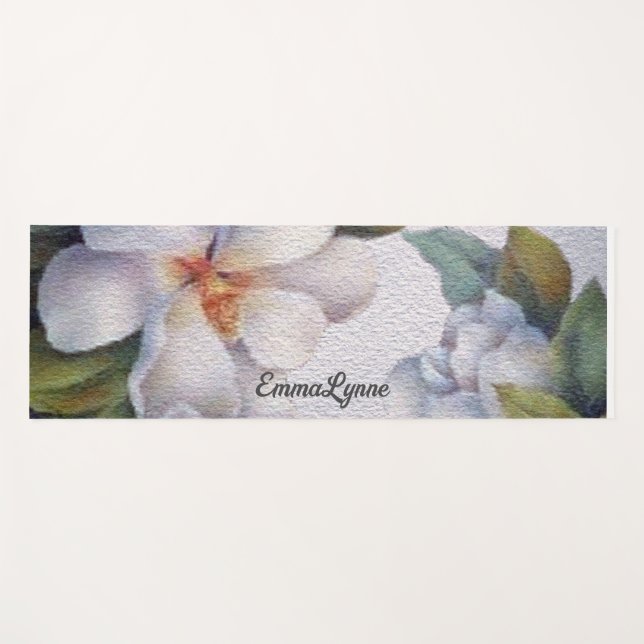 Elegant Watercolor White Magnolia Flower Your Name Yoga Mat (Front (Horizontal))