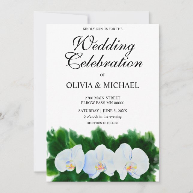 Elegant watercolor white orchids invitation (Front)