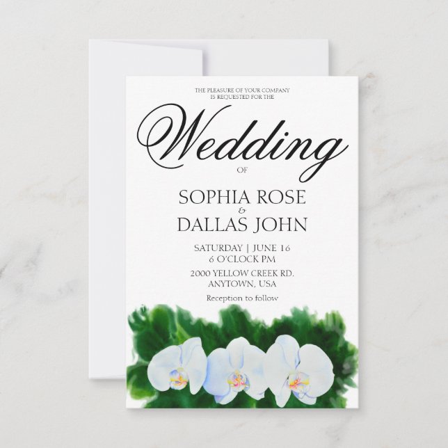 Elegant watercolor white orchids invitation (Front)