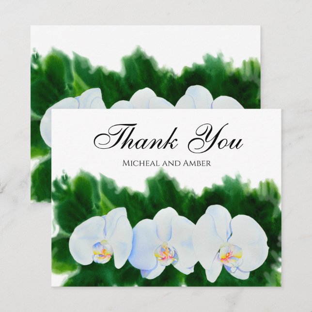 Elegant watercolor white orchids thank you card (Front/Back)