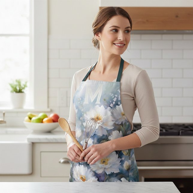 Elegant Watercolor White Peonies Monogram Name Apron (Creator Uploaded)