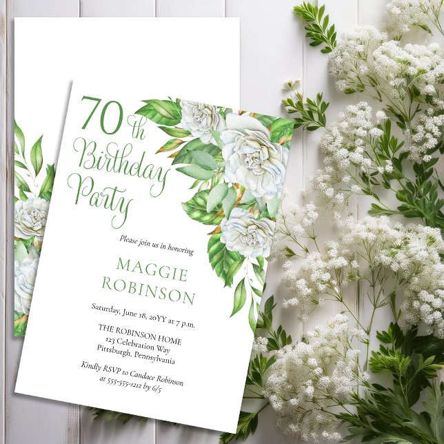 Elegant Watercolor White Roses 70th Birthday Party Invitation (Elegant Watercolor White Roses and Greenery 70th Birthday Party Invitation - Print | Download)