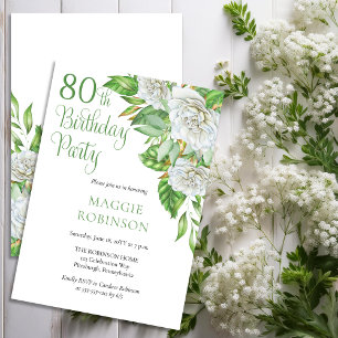 Elegant Watercolor White Roses 80th Birthday Party Invitation