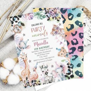 Elegant Watercolor wild child safari animals 3Th B Invitation