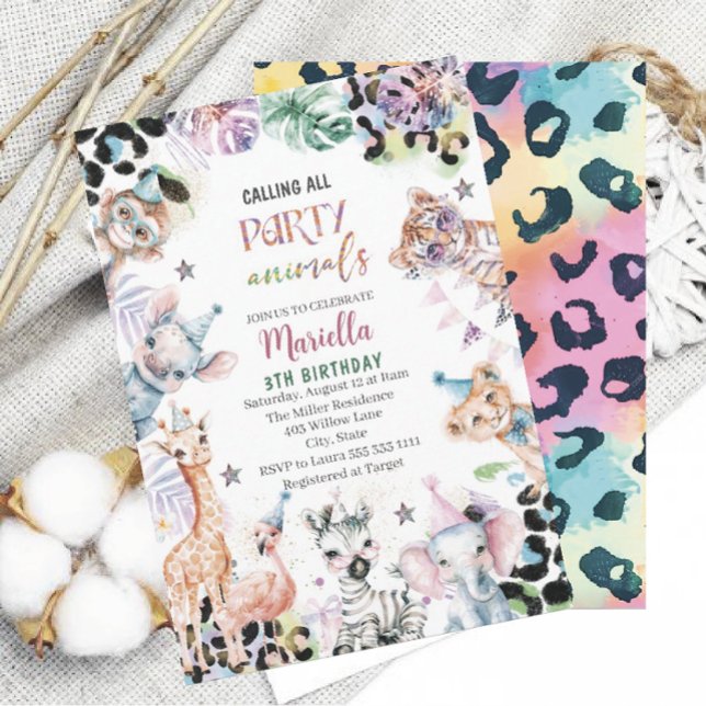 Elegant Watercolor wild child safari animals 3Th B Invitation (Creator Uploaded)