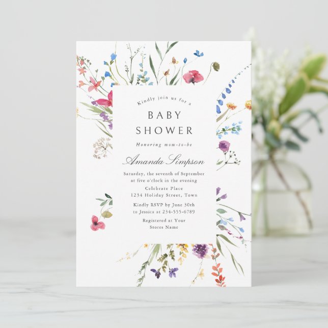 Elegant Watercolor Wild Flowers Baby Shower Invitation (Standing Front)