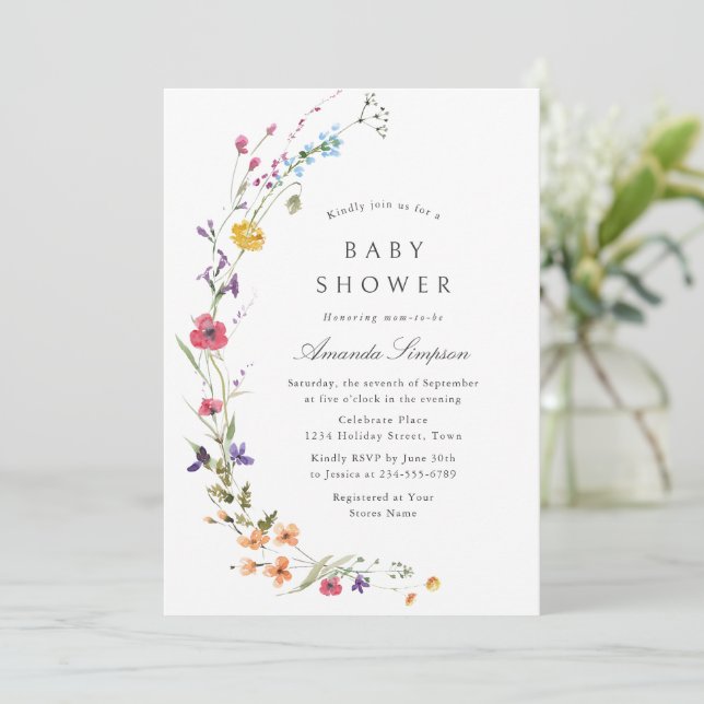 Elegant Watercolor Wild Flowers Baby Shower Invitation (Standing Front)