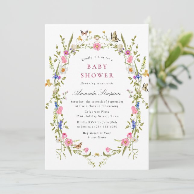 Elegant Watercolor Wild Flowers Baby Shower Invitation (Standing Front)