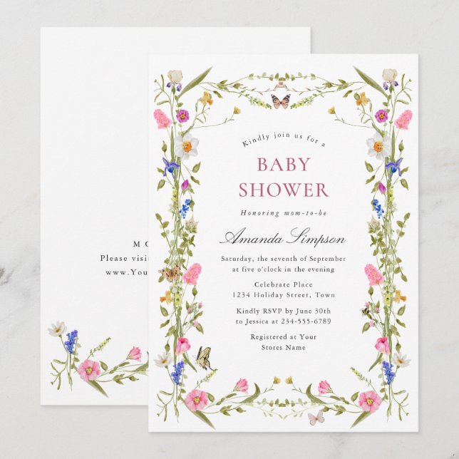 Elegant Watercolor Wild Flowers Baby Shower Invitation (Front/Back)