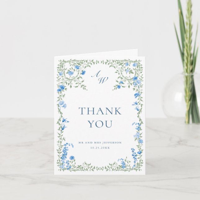 Elegant Watercolor Wild Flowers Botanical Wedding Thank You Card (Front)