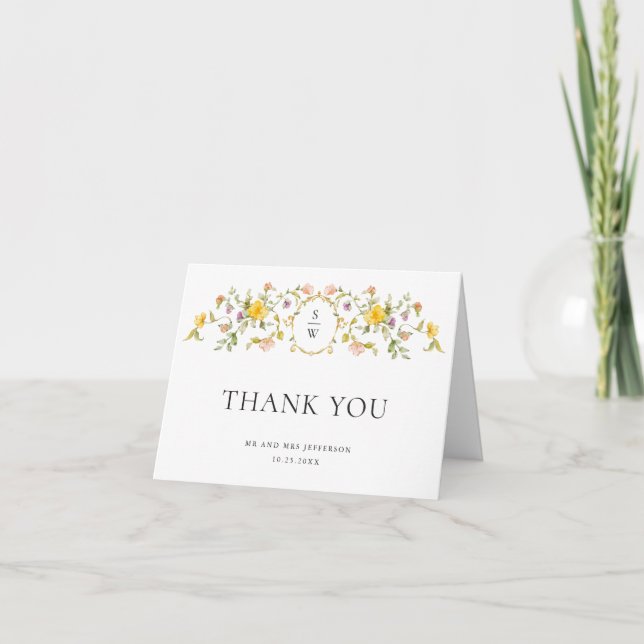 Elegant Watercolor Wild Flowers Botanical Wedding Thank You Card (Front)