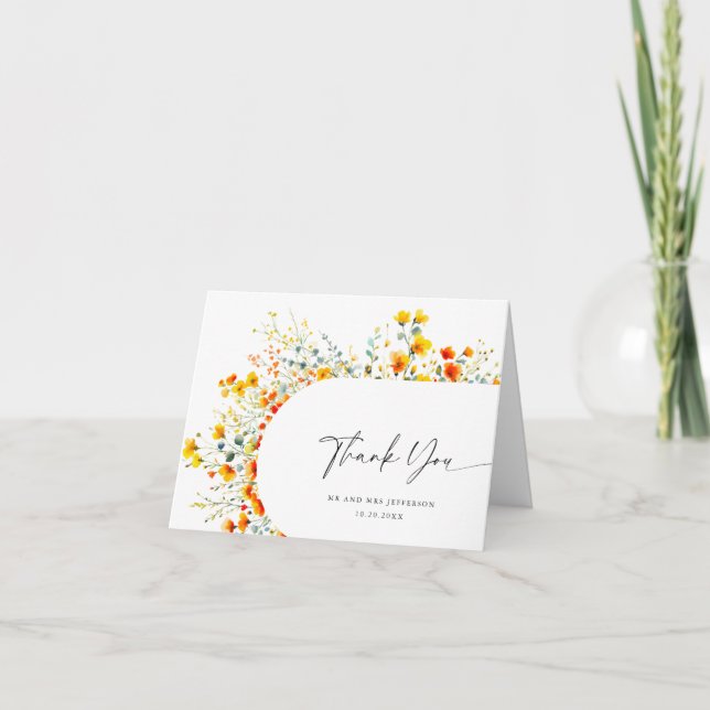 Elegant Watercolor Wild Flowers Botanical Wedding Thank You Card (Front)
