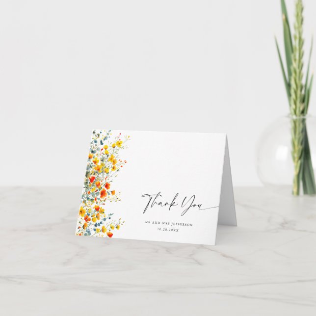 Elegant Watercolor Wild Flowers Botanical Wedding Thank You Card (Front)