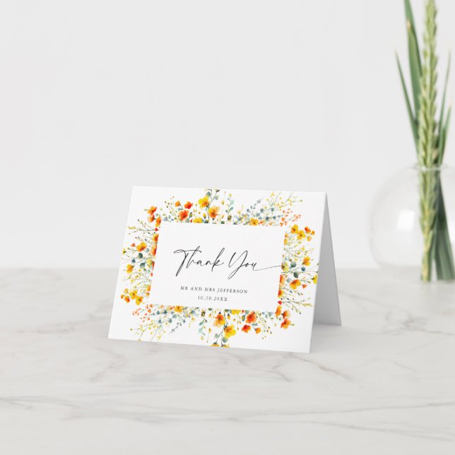 Elegant Watercolor Wild Flowers Botanical Wedding Thank You Card (Front)