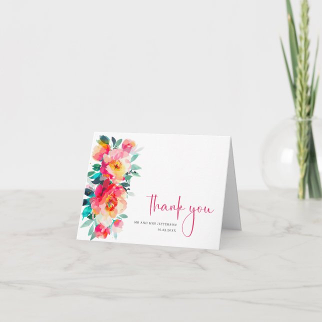 Elegant Watercolor Wild Flowers Botanical Wedding Thank You Card (Front)