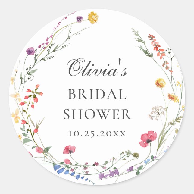 Elegant Watercolor Wild Flowers Bridal Shower Classic Round Sticker (Front)