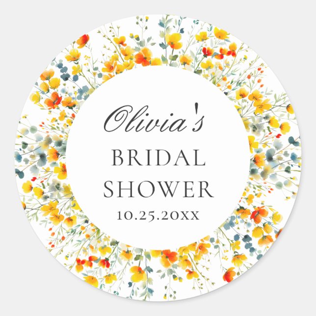 Elegant Watercolor Wild Flowers Bridal Shower Classic Round Sticker (Front)