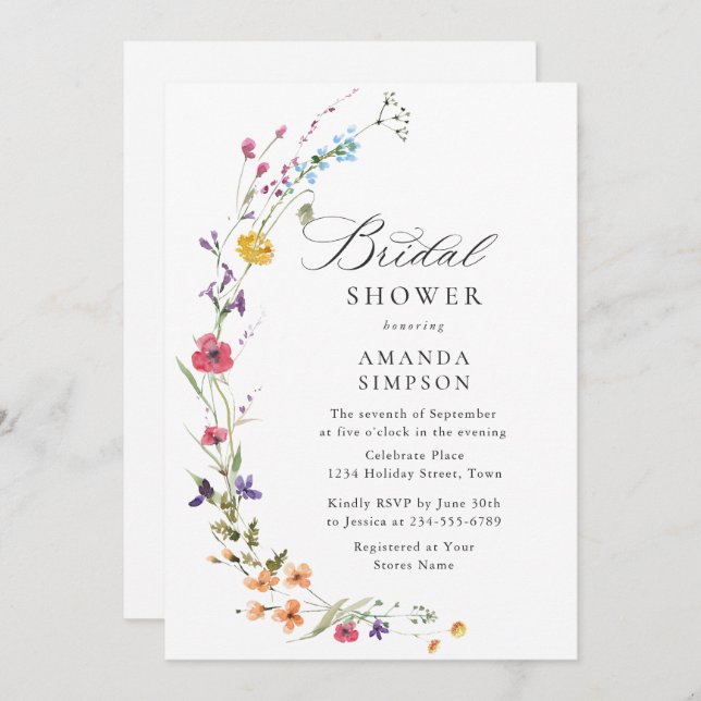 Elegant Watercolor Wild Flowers Bridal Shower Invitation (Front/Back)