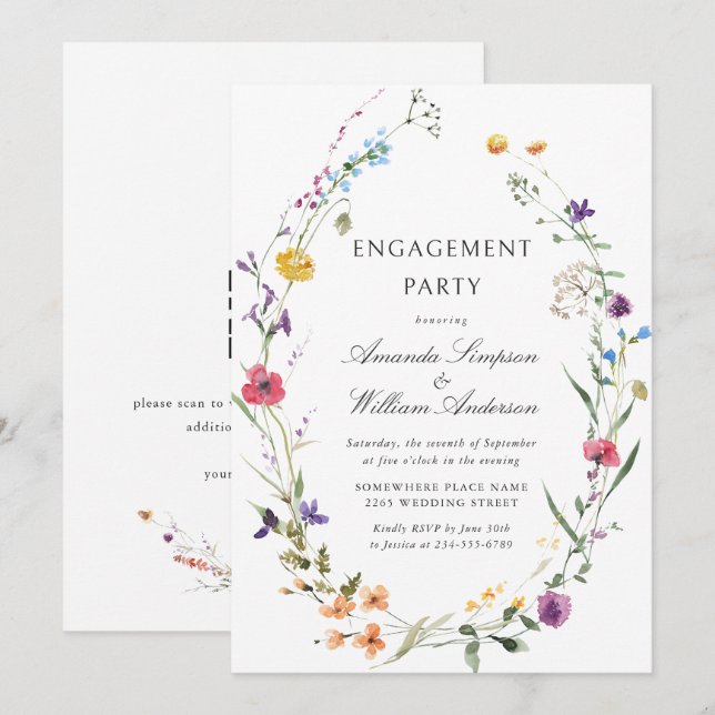 Elegant Watercolor Wild Flowers ENGAGEMENT PARTY Invitation (Front/Back)