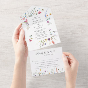 Elegant Watercolor Wild Flowers Floral Wedding All In One Invitation