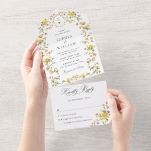 Elegant Watercolor Wild Flowers Floral Wedding All In One Invitation