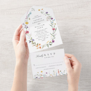 Elegant Watercolor Wild Flowers Floral Wedding All In One Invitation