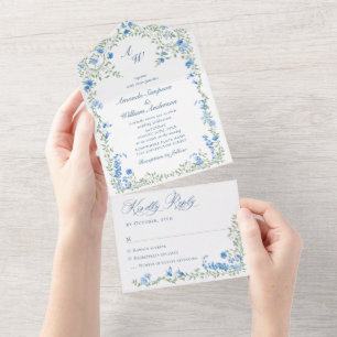 Elegant Watercolor Wild Flowers Floral Wedding All In One Invitation