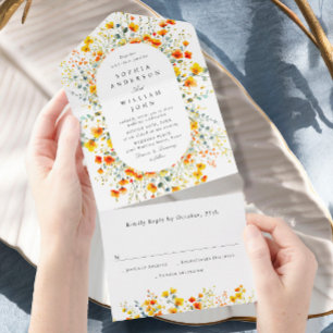 Elegant Watercolor Wild Flowers Floral Wedding All In One Invitation