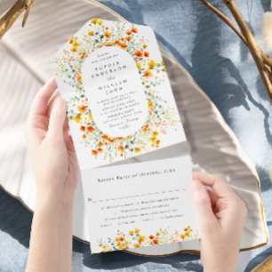 Elegant Watercolor Wild Flowers Floral Wedding All In One Invitation