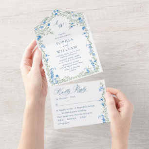 Elegant Watercolor Wild Flowers Floral Wedding All In One Invitation
