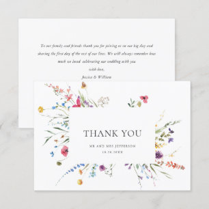 Elegant Watercolor Wild Flowers Floral Wedding Thank You Card